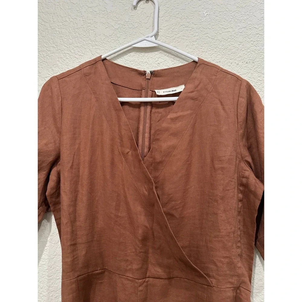 Everlane The Wrap Jumpsuit Brown Linen Blend Wrap V-Neck Wide Leg Belted Size 0